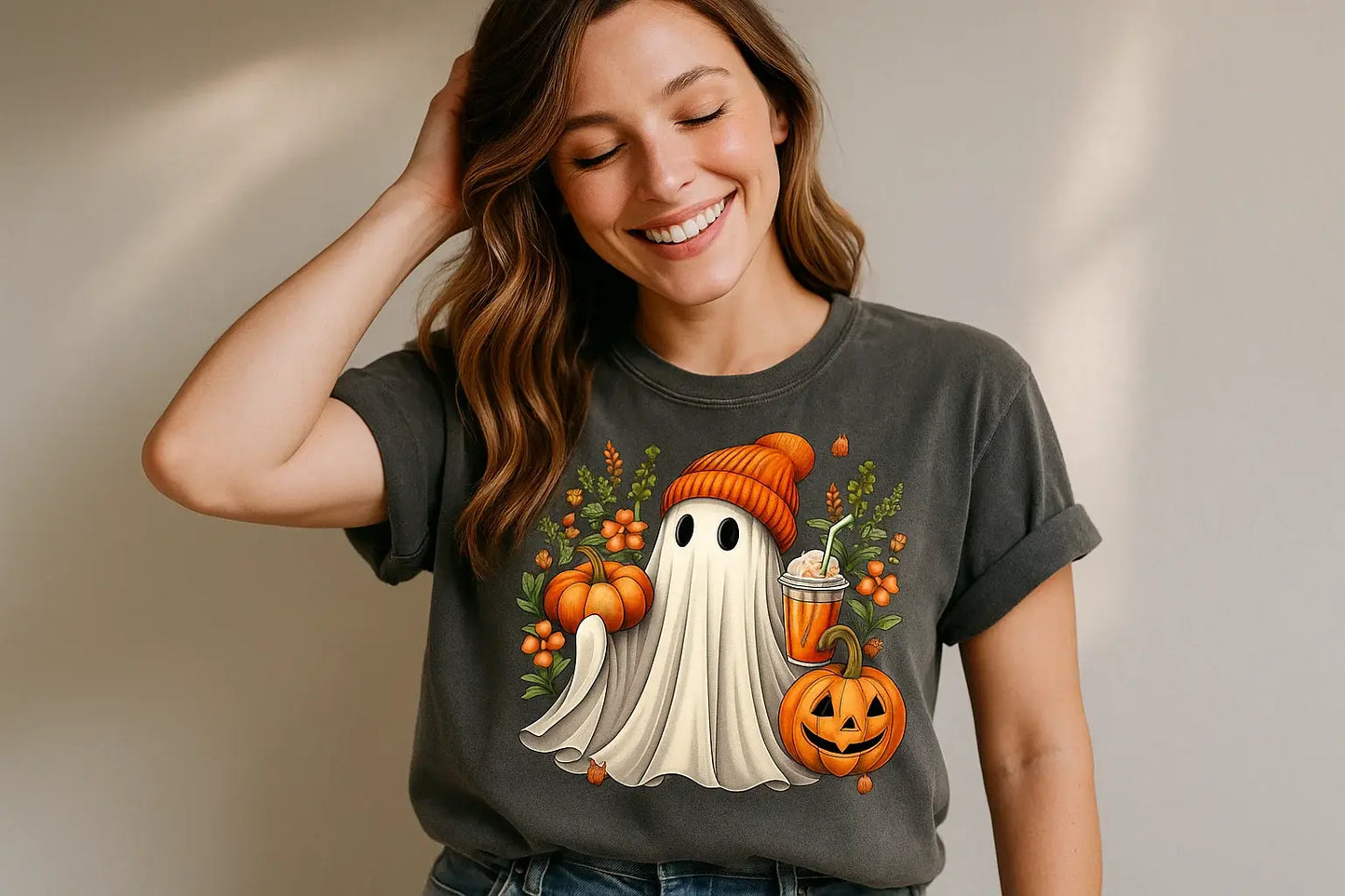 Ghost and Pumpkins Design T-Shirt Bella Canvas