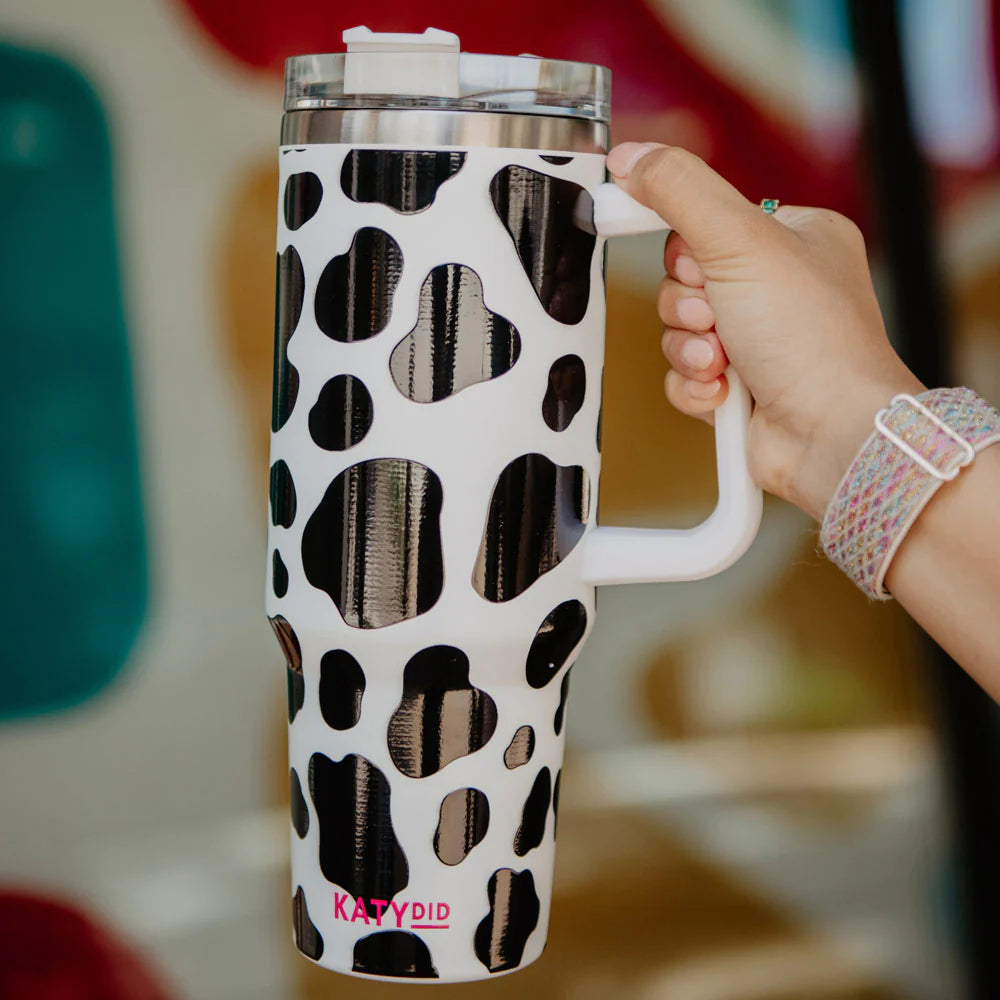 BLACK & WHITE COW PRINT TUMBLER WITH HANDLE