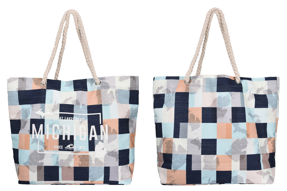 MICHIGAN BLUE & TAN CHECKERED BEACH BAG