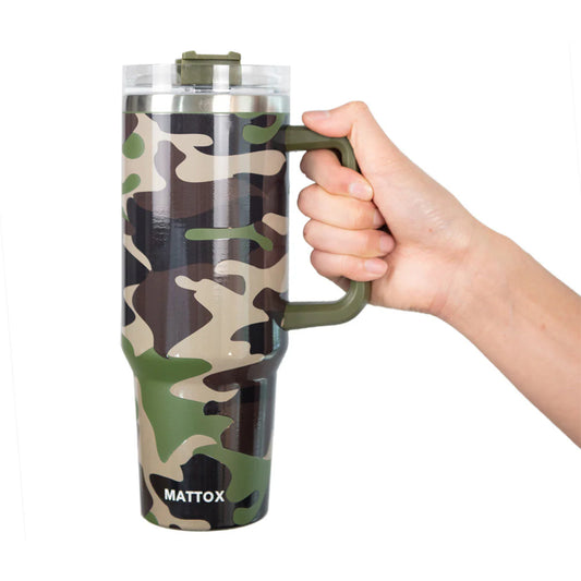 GREEN CAMO TUMBLER CUP W/HANDLE