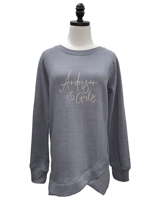 LADIES CREW NECK W/ASYMMETRICAL HEM PEWTER