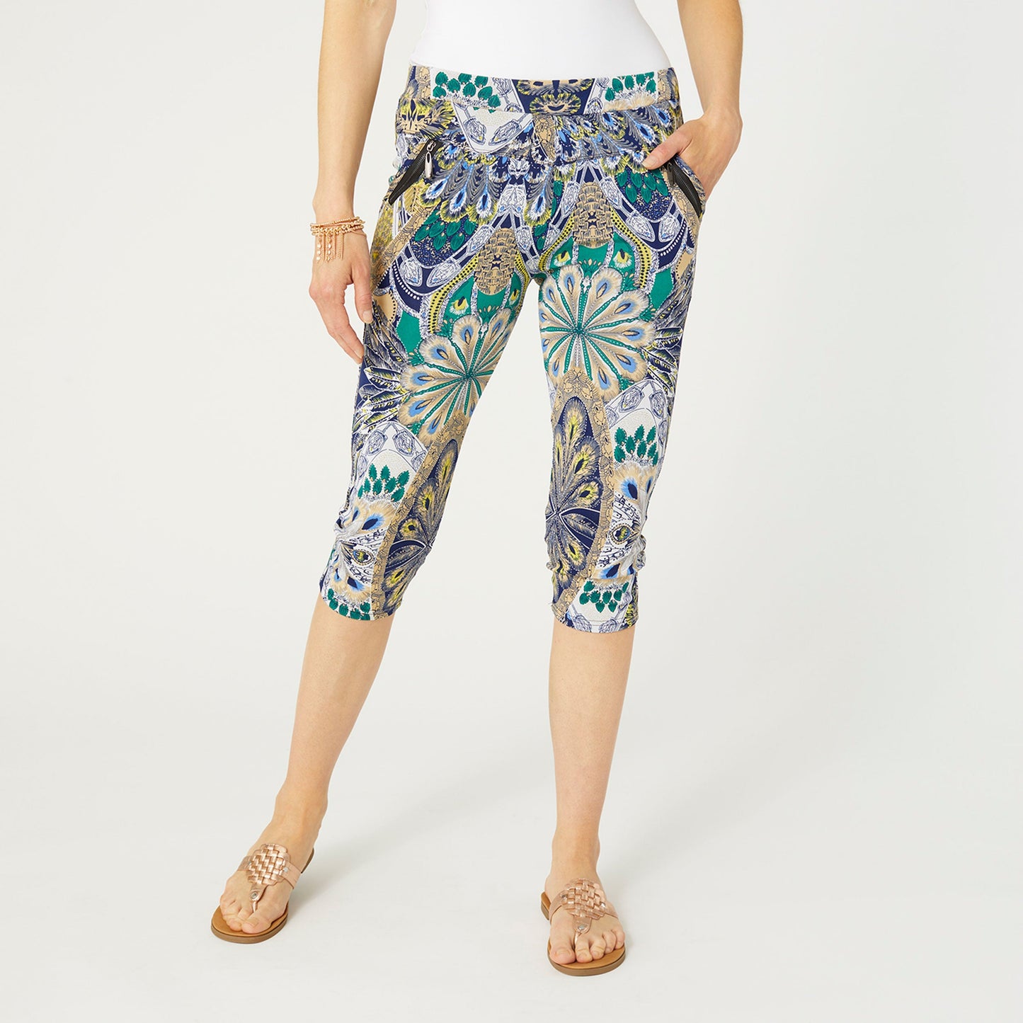 PRINTED JASMINE CAPRI ZIP POCKET LEGGINGS NAVY/GREEN