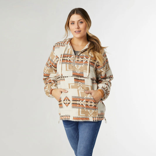 LIONA AZTEC PULLOVER SHACKET CREAM/RUST