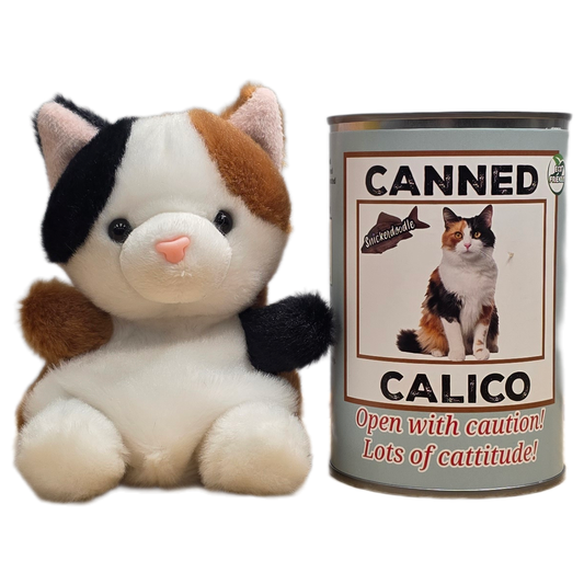 Canned Calico Cat | Stuffed Animal Cat Plush w/Jokes