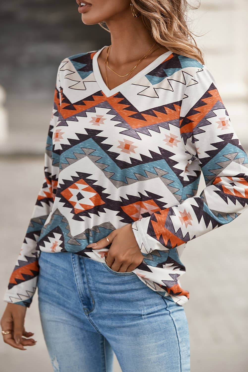 Multicolor Western  Print V Neck Long Sleeve Top