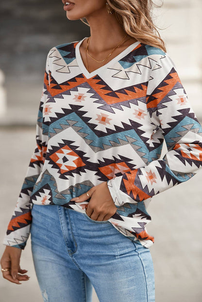 Multicolor Western  Print V Neck Long Sleeve Top