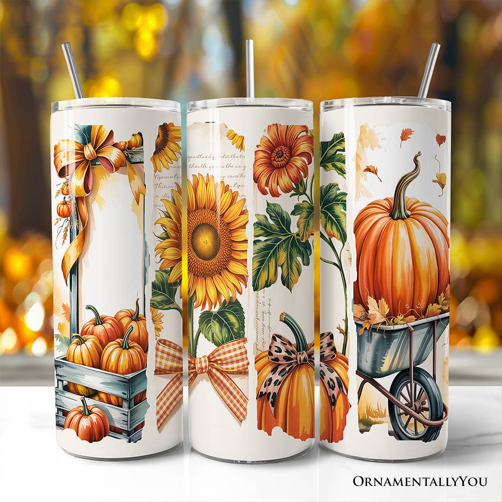 Pumpkin Season Tumbler with Lid and Stainless-Steel Straw, Fall Sunflower