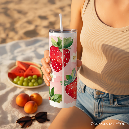 Strawberry Pattern Tumbler with Lid and Stainless-Steel Straw, Summer Pink Girly Travel Mug