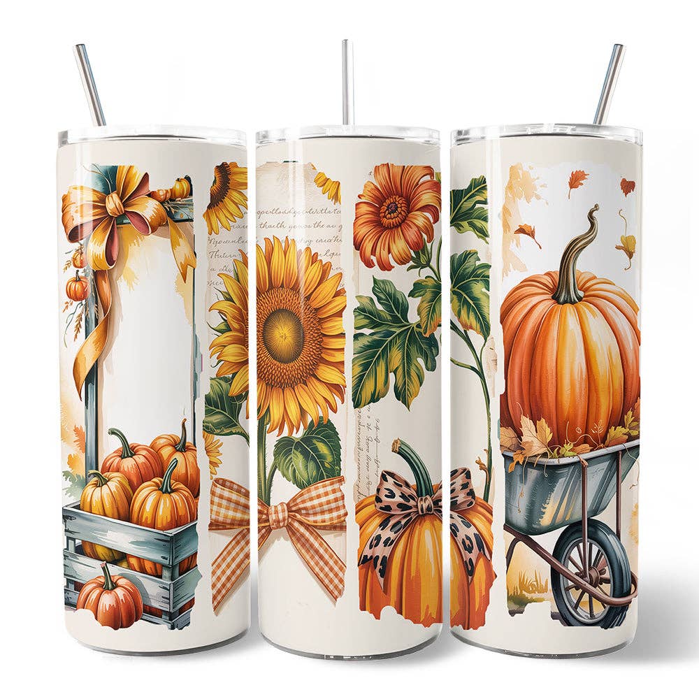 Pumpkin Season Tumbler with Lid and Stainless-Steel Straw, Fall Sunflower