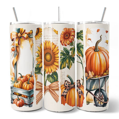 Pumpkin Season Tumbler with Lid and Stainless-Steel Straw, Fall Sunflower