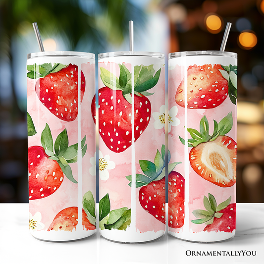 Strawberry Pattern Tumbler with Lid and Stainless-Steel Straw, Summer Pink Girly Travel Mug