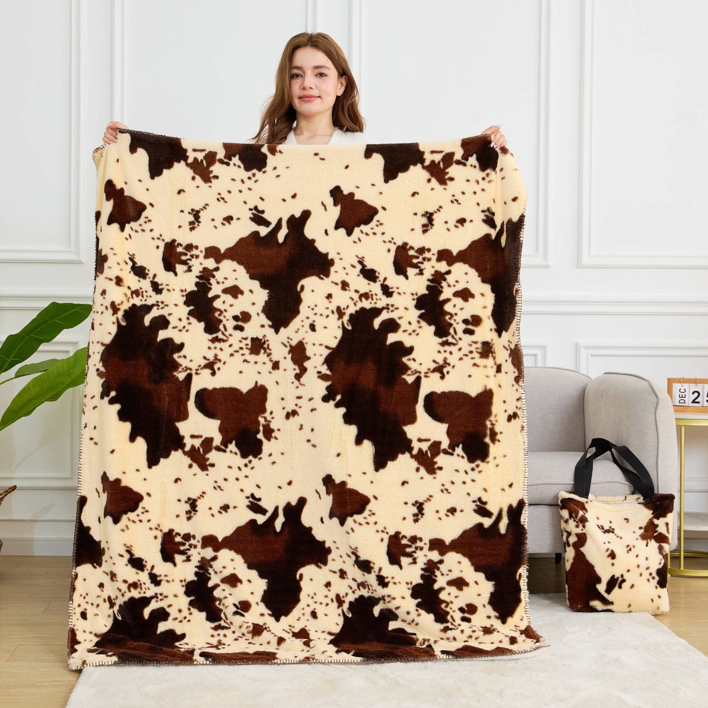 Rodeo Brown Cow Print Sherpa Throw Blanket & Tote Bag Set