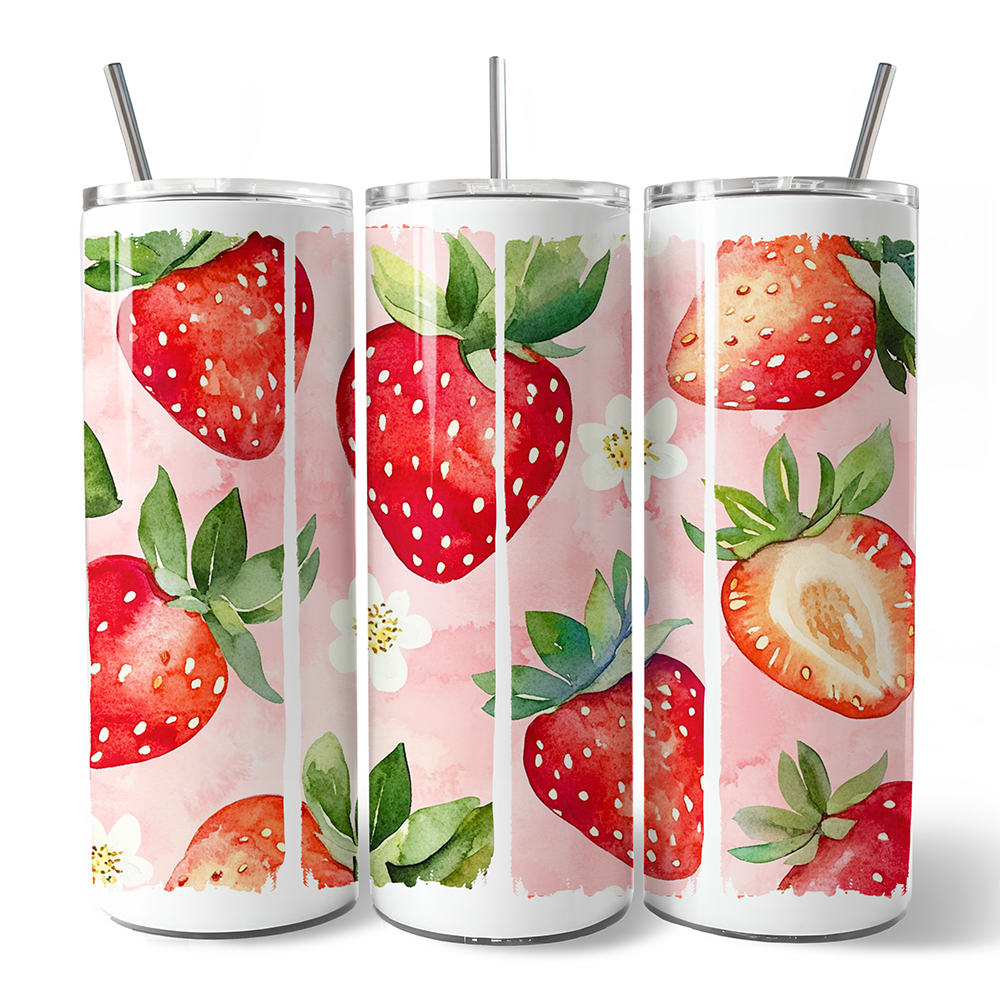 Strawberry Pattern Tumbler with Lid and Stainless-Steel Straw, Summer Pink Girly Travel Mug