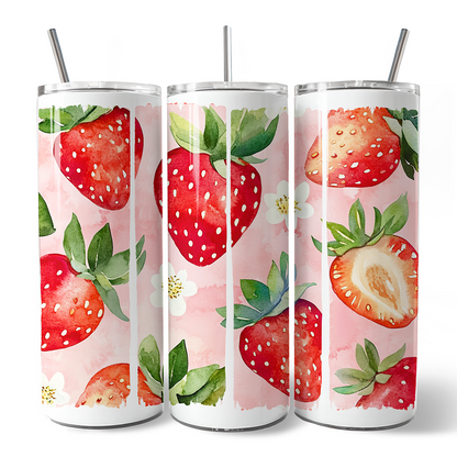 Strawberry Pattern Tumbler with Lid and Stainless-Steel Straw, Summer Pink Girly Travel Mug