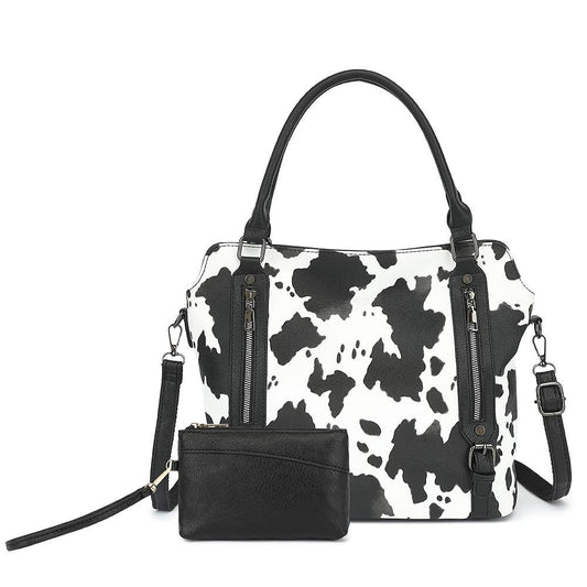 COW HANDBAG TOTE BAG CROSS BAG CLUTCH PURSE SET