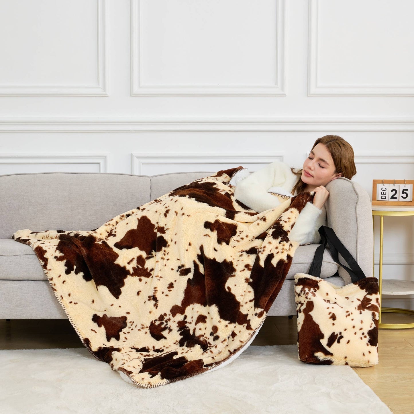 Rodeo Brown Cow Print Sherpa Throw Blanket & Tote Bag Set