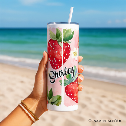 Strawberry Pattern Tumbler with Lid and Stainless-Steel Straw, Summer Pink Girly Travel Mug