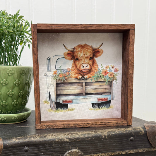 Highland Cow and Flowers in Truck - Cute Farm Animal Art