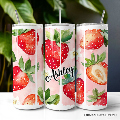 Strawberry Pattern Tumbler with Lid and Stainless-Steel Straw, Summer Pink Girly Travel Mug