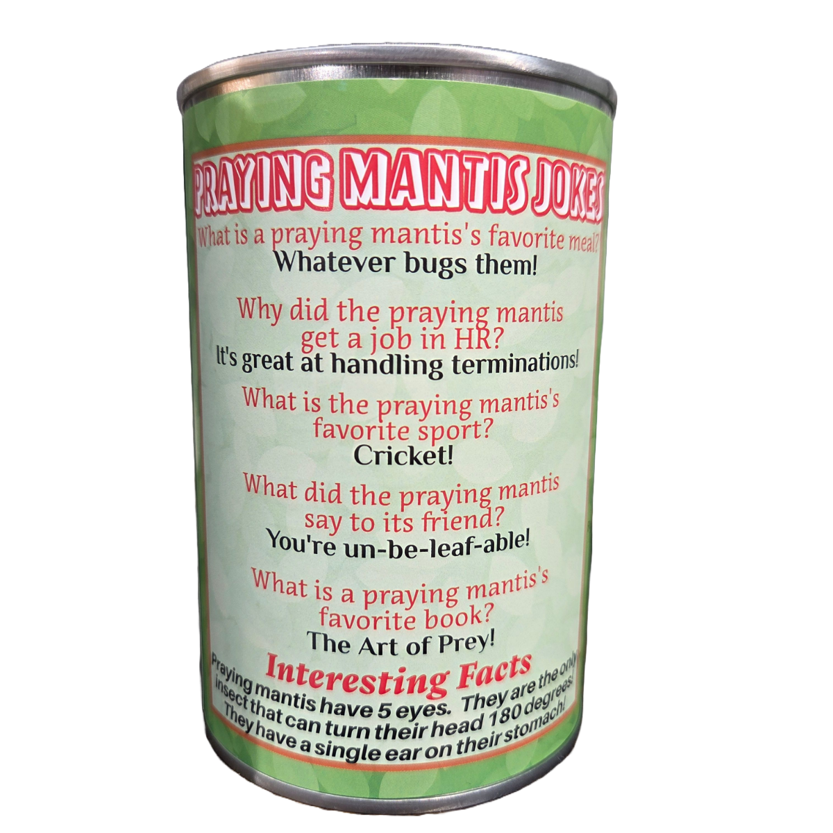 Canned Praying Mantis - Bug Insect Plush Gift in Can w/Jokes