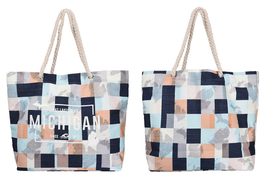 MICHIGAN BLUE & TAN CHECKERED BEACH BAG